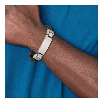 Stainless Steel Black Leather ID Bracelet – view 5