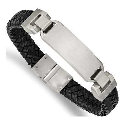 Stainless Steel Black Leather ID Bracelet