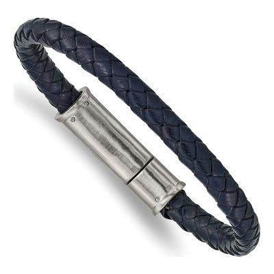 Stainless Steel Navy Leather Braided Bracelet