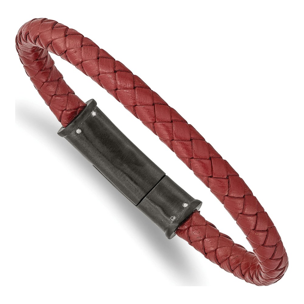 Black Stainless Steel Red Leather Bracelet