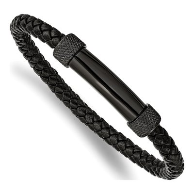 Black Stainless Steel Black Leather Bracelet