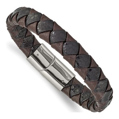 Stainless Steel Black Brown Leather Bracelet