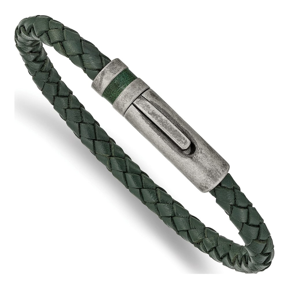 Men's Chisel Stainless Steel Green Leather Bracelet