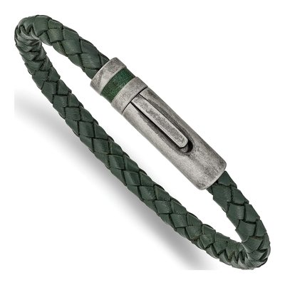Stainless Steel Green Leather Bracelet