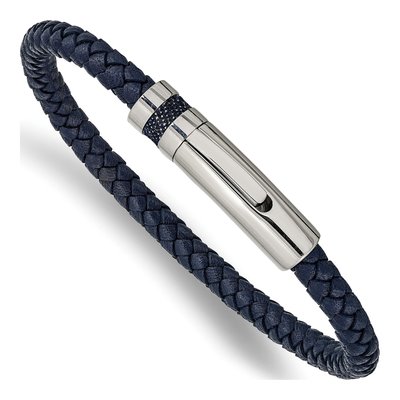Stainless Steel Blue Leather Braided Bracelet