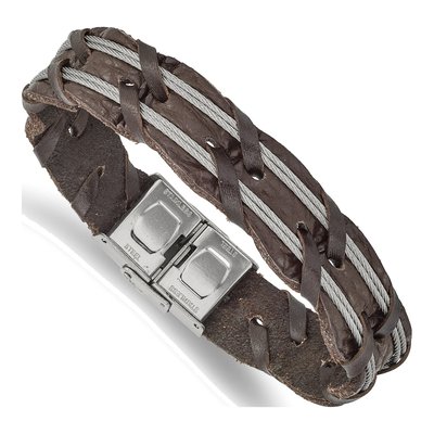 Stainless Steel Leather Cable Bracelet