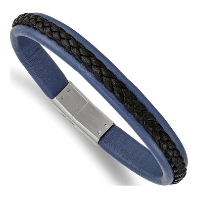 Stainless Steel Blue Black Leather Bracelet