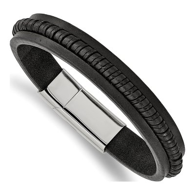 Stainless Steel Black Leather Bracelet
