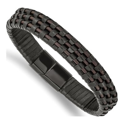 Black Stainless Steel Black Leather Bracelet