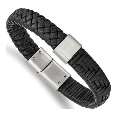 Stainless Steel Black Leather Bracelet