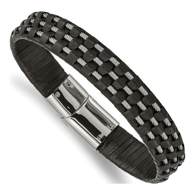 Stainless Steel Black Leather Bracelet