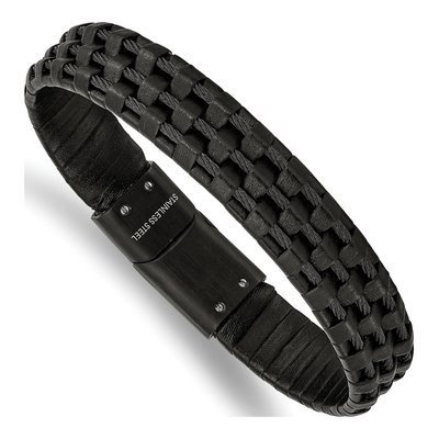 Black Stainless Steel Black Leather Bracelet