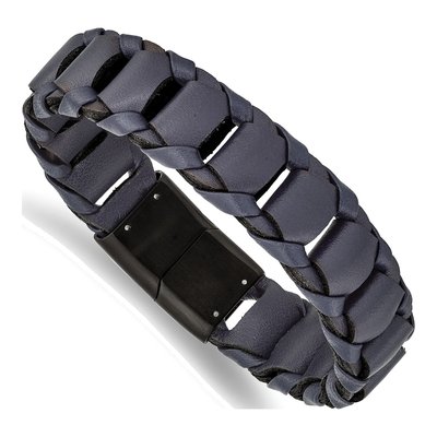 Black Stainless Steel Black Leather Bracelet