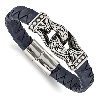 Stainless Steel Blue Leather Bracelet