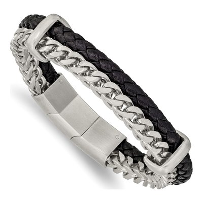Stainless Steel Leather Curb Bracelet