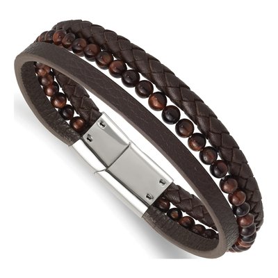 Stainless Steel Tiger's Eye Leather Bracelet