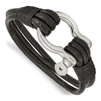 Stainless Steel Black Leather Shackle Bracelet