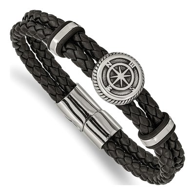 Stainless Steel Compass Leather Bracelet