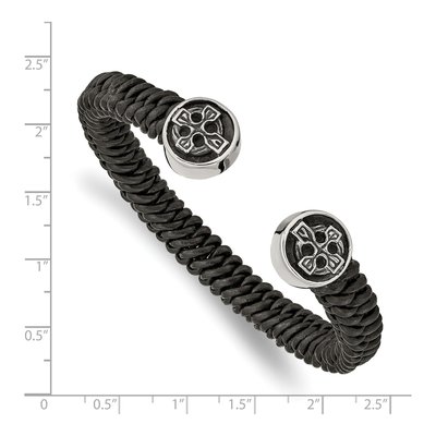 Stainless Steel Black Leather Celtic Cross Cuff Bracelet – view 4