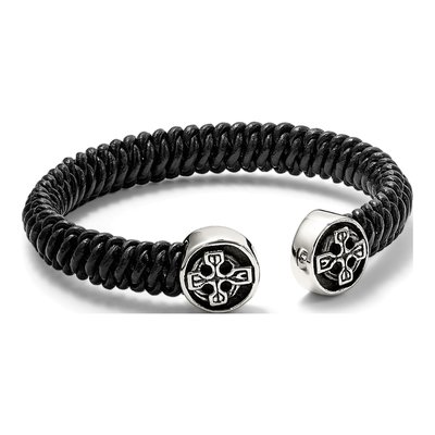Stainless Steel Black Leather Celtic Cross Cuff Bracelet – view 6