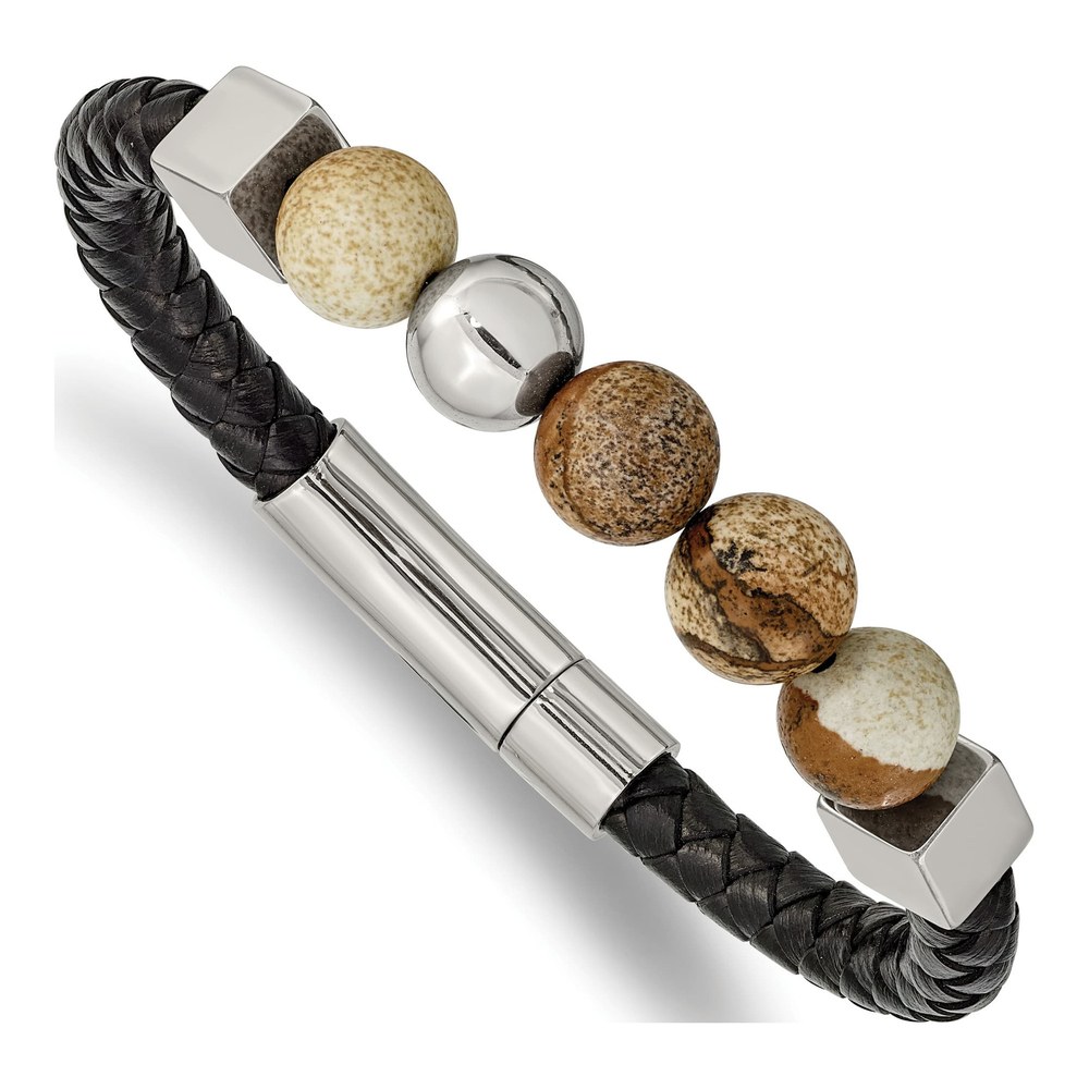Stainless Steel Brown Jasper Leather Bracelet