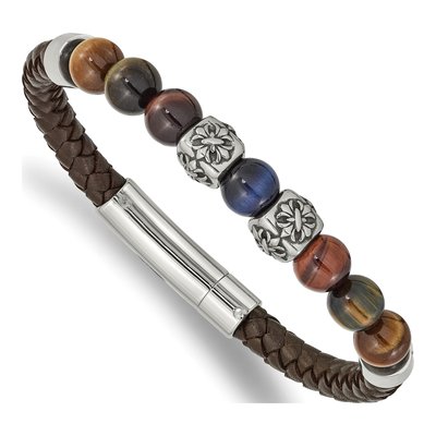 Stainless Steel Tiger's Eye Leather Bracelet