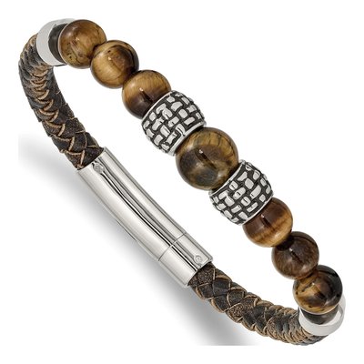 Stainless Steel Tiger's Eye Leather Bracelet