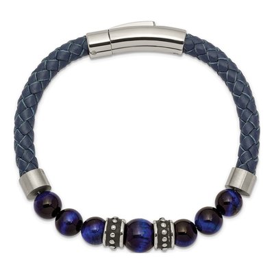 Stainless Steel Blue Tiger's Eye Leather Bracelet – view 3