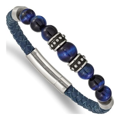 Stainless Steel Blue Tiger's Eye Leather Bracelet