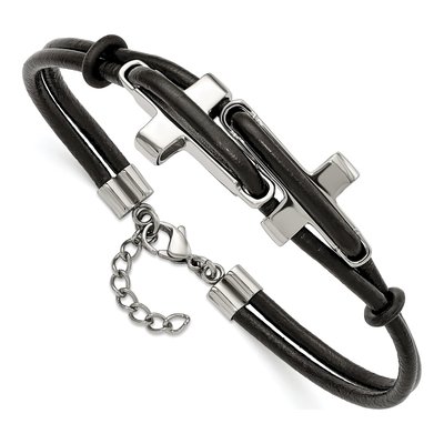 Stainless Steel Sideways Cross Leather Bracelet – view 5