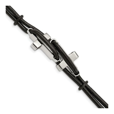 Stainless Steel Sideways Cross Leather Bracelet