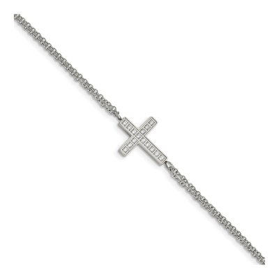Stainless Steel CZ Sideways Cross Bracelet