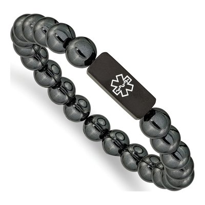 Black Stainless Steel Medical ID Hematite Beaded Stretch Bracelet