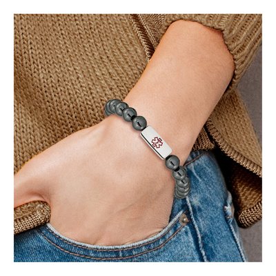 Stainless Steel Medical ID Hematite Stretch Bracelet – view 5
