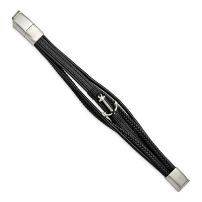 Stainless Steel Black Leather Anchor Bracelet – view 3