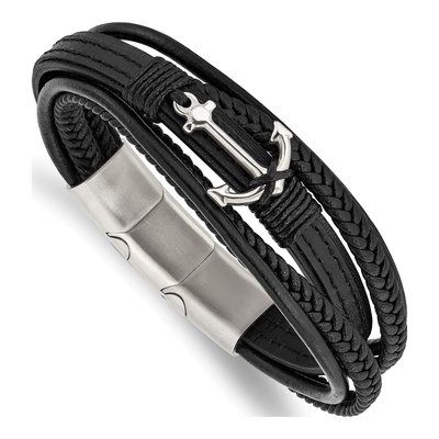 Stainless Steel Black Leather Anchor Bracelet