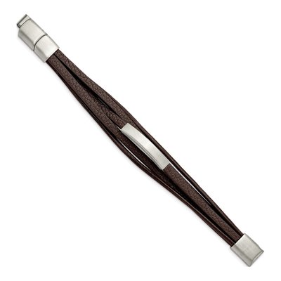 Stainless Steel Brown Leather ID Bracelet – view 3
