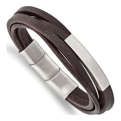 Stainless Steel Brown Leather ID Bracelet