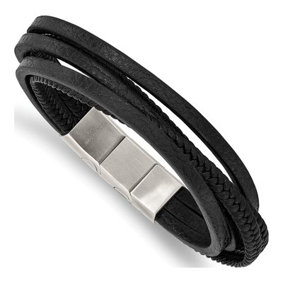 Stainless Steel Black Leather Bracelet