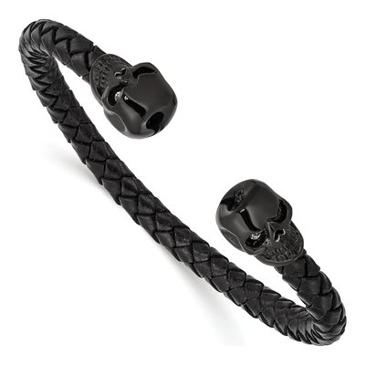 Black Stainless Steel Crystal Skull Leather Cuff Bracelet