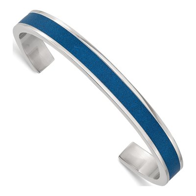 Stainless Steel Blue Leather Inlay Cuff Bracelet