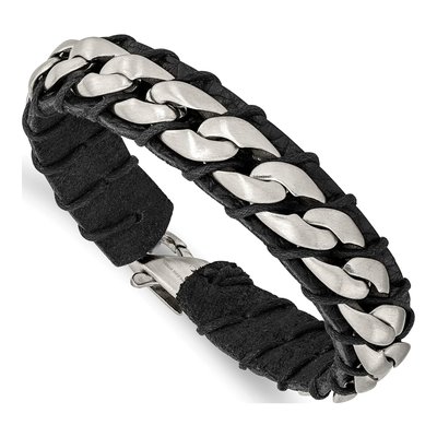 Stainless Steel Leather Curb Bracelet