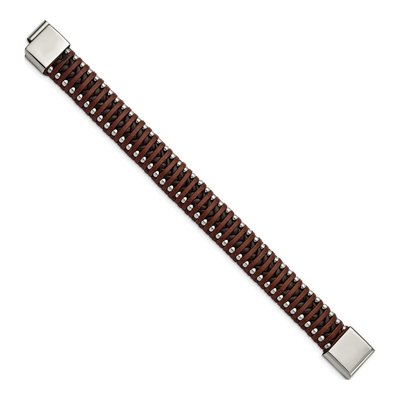 Stainless Steel Beaded Brown Leather Bracelet – view 2