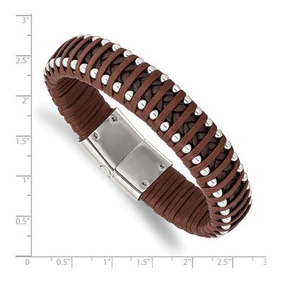 Stainless Steel Beaded Brown Leather Bracelet – view 3