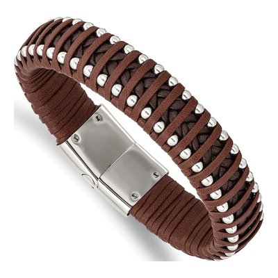 Stainless Steel Beaded Brown Leather Bracelet
