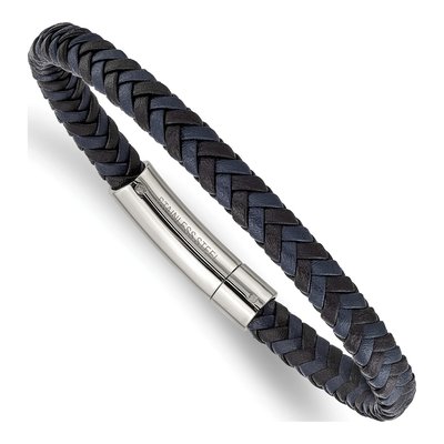 Stainless Steel Black Blue Braided Leather Bracelet