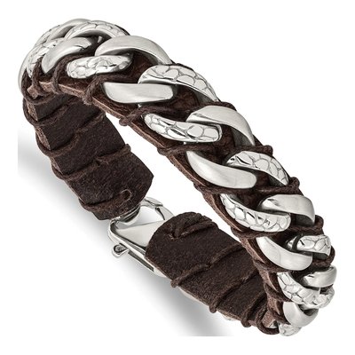 Stainless Steel Curb Leather Bracelet