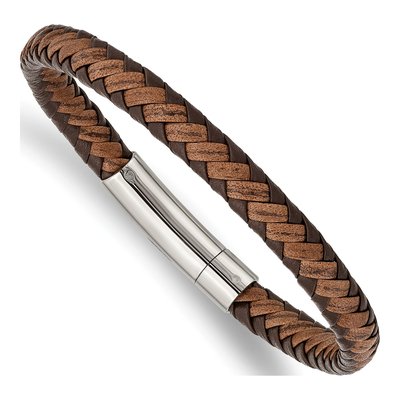 Stainless Steel Brown Braided Leather Bracelet