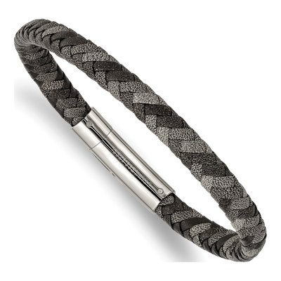 Stainless Steel Black Grey Braided Leather Bracelet