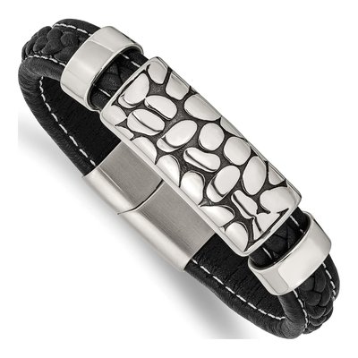 Stainless Steel Black Leather Bracelet